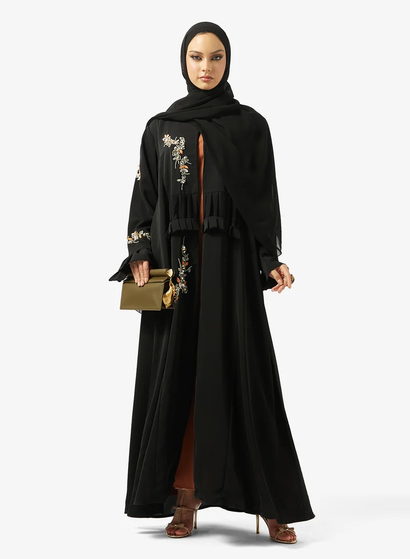 hayas closet  Black Embroidered Abaya With Sheila for Women | Best Price UAE